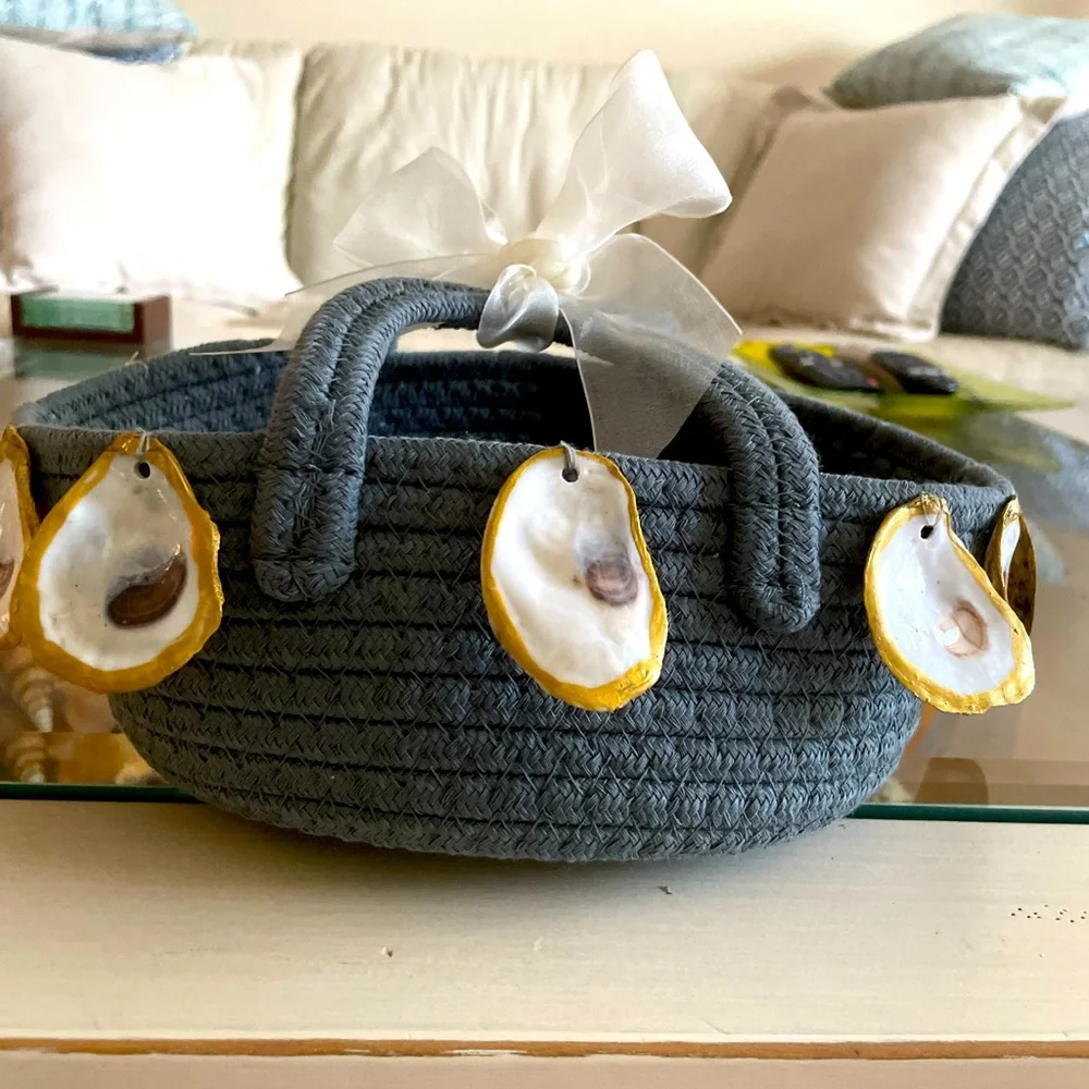 Oyster shell basket-handmade-small-adorable-use for bathrooms, bedrooms, etc.